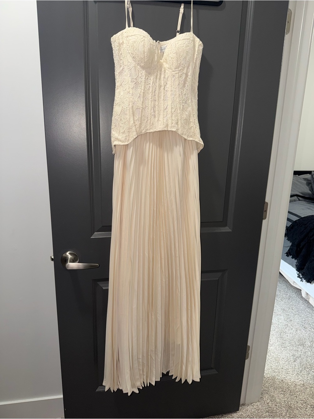 Fashion Nova Cream Lace Bustier Pleated Maxi Dress